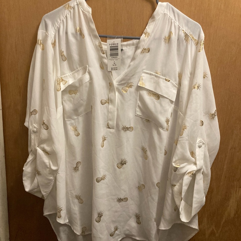 Torrid White and Gold Pineapple Blouse